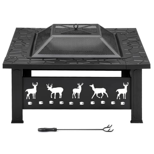 32 Inch Square Outdoor Fire Pit Table, Heavy Duty Wrought Iron Firepit with Pyramid Spark Screen Lid & Fire Poker,Patio Fire Pit for Backyard, Garden, Lawn and Camping, Decorative Elk Cutout,Black - Image 5
