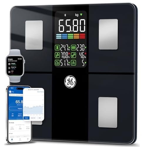 GE Weight Scale Smart for Body, Body Fat Weighing Scales Bathroom with BMI Muscle Mass 14 Body Composition Metrics with Large Display Accurate Bluetooth App 180kg/400 Pounds Capacity