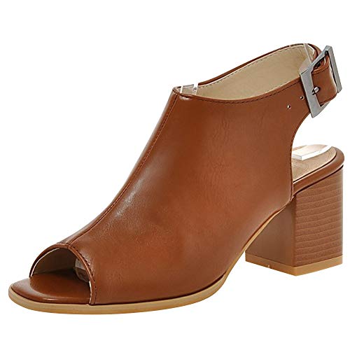 Jamron Mujer PU Moda Peep Toe Slingback Pumps Abrir de Nuevo Talón de Bloque Correa de Tobillo Sandalias Botines Marrón SN020422 EU36