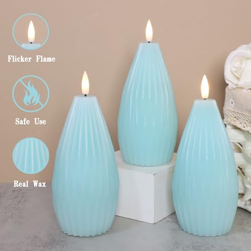 Image of Blue Ribbed Flameless Candles Battery Operated with Remote Flickering Realistic LED Real Wax Decorative Candle Geometric Aesthetic Modern Ocean Decor for Home Table Fireplace, 3 Pack