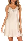 Vlazom Damen Nachthemd Satin Sexy Negligee Unterkleid mit Spaghettiträger V Ausschnitt Nachtkleid für Frauen(S,Stil A-Champagner)