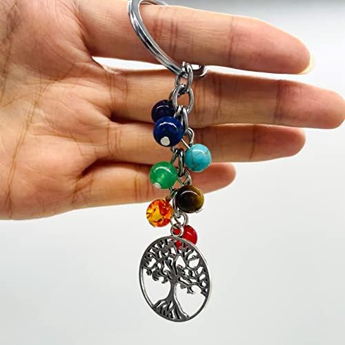 Healing Crystal Stone Keyring Natural 7 Chakra Crystal Gemstone Key Ring Reiki Healing Key Chain Silver Tree of Life Charm for Women Girl Family Bag Decor Christmas Gift