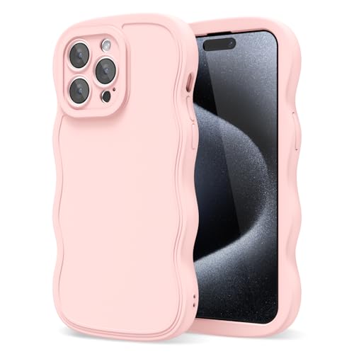 oakxco Silicone Case for iPhone 15 Pro Case Wavy Edge, Cute Curly Wave Frame Ripple Trendy Design Girly Phone Case for Women, Y2k Aesthetic Plain Soft Rubber & Camera Cover Protection, Light Pink
