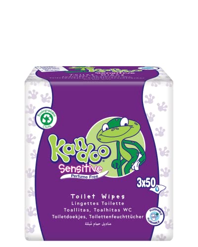 Kandoo Sensitive Flushable Moist Toilet Tissues, 3 x 50 Wipes (Total 150 Wipes), Biodegradable, Toilet Training Wet Toilet Tissues, Fragrance Free for Sensitive Skin, Toddler Wipes, Multipack