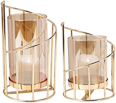 Lybile Metal Geometric Candle Holders, Set of 2 Gold Pillar Candle Holder with Removable Glass, Modern Candle Holder Decorative for Table Centerpiece, Home Decor, Living Room, Wedding, Anniversary