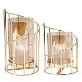 Lybile Metal Geometric Candle Holders, Set of 2 Gold Pillar Candle Holder with Removable Glass, Mode