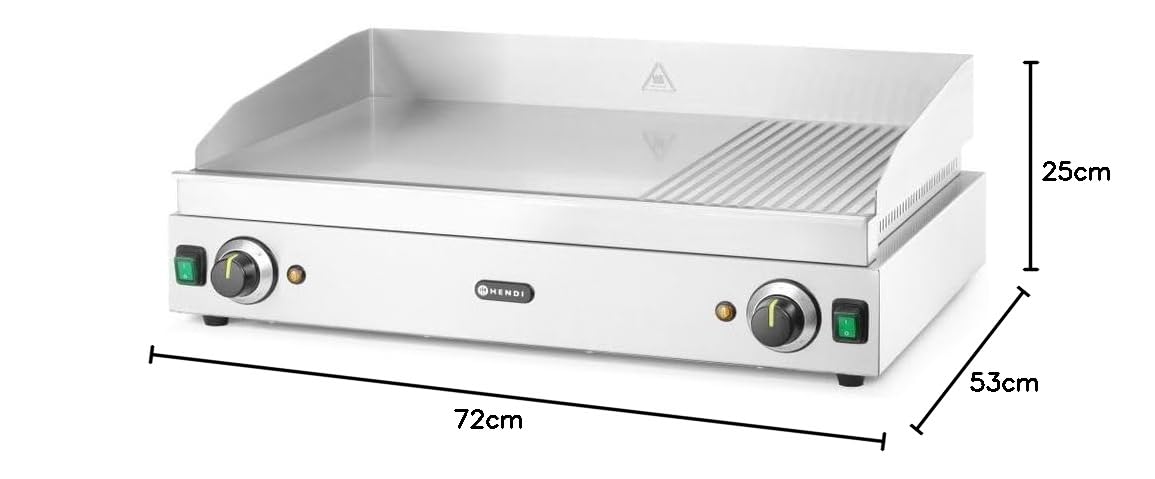 HENDI Plancha de asar eléctrica mixta 2/3 lisa y 1/3 acanalada, grill parrilla con bandeja de goteo extraíble, temperatura regulable hasta 300°C, 230V, 3500W, 720x530x(H)250mm, acero inoxidable