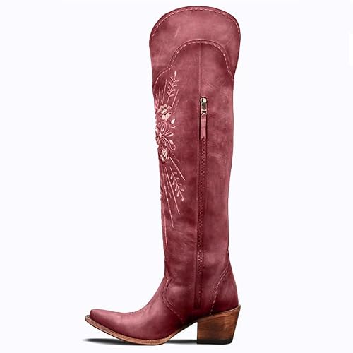 Yolkomo Women's Cowboy Boots - Wide Calf Knee High Embroidered Cowgirl Boots with Pointed Toe, Chunky Block Heel, Distressed Western Style, Side Zipper, Lace Up, Burgundy Red, Size 10 - Thumbnail 3