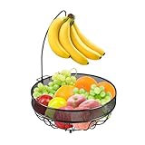 バナナツリーハンガー フルーツバスケット 古銅色 バナナハンガー付き キッチン収納 野菜かご 籐かご風 丸型 果物トレー