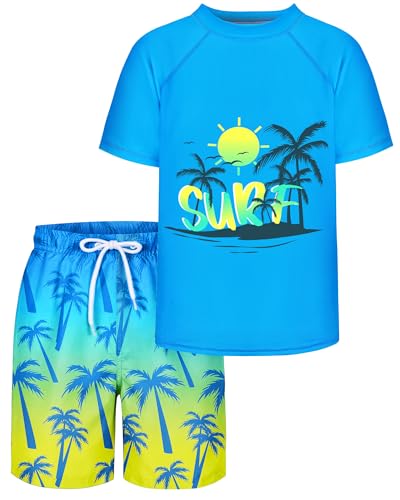 AuSletie Boys Two Piece Rash Guard Swimsuits Sets Kids Short Sleeve Swimsuits Bathing Suit with Swim Trunks Swimwear Set