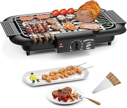 MBKOH 2000W Electric Smokeless Portable Adjustable Temperature Control Indoor&Outdoor Barbeque Grill Set For Home Removable Water Filled Drip Tray-Black(Electric Bbq With Skewers) Free Standing
