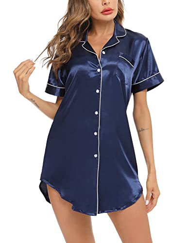 Swomog Silk Sleepshirt Short Sleeves Nightgown Sexy Button Down Nightshirts Boyfriend Sleepwear #TOP1