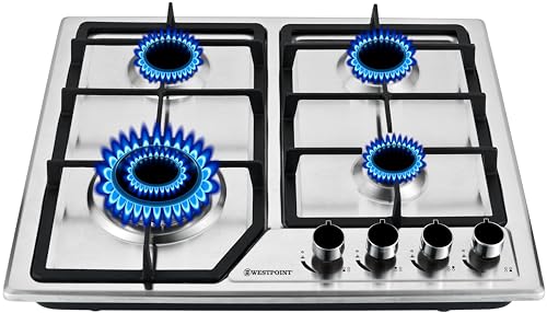 Westpoint 4 Burner Countertop Gas Hob 60 Cm with Auto Ignition Cast Iron Support Full Safety Features Straight Flame Stainless Steel Body Enamabled Burners - WGUJ-6640GIF