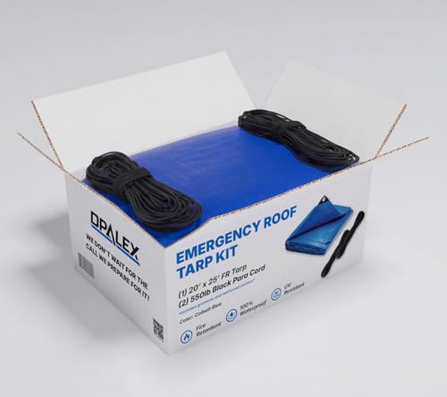 DPALEX Emergency Roof Tarp Kit, 5 Series, Cobalt Blue, 20' x 25', 5 mil, UV Resistant, Flame Retardant, Includes 2 100' 550 lb. Paracords