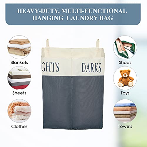 The Fine Living Co. X-Large Two Compartments Hanging Laundry Hamper With Over Door Hooks, Durable Space Saving Laundry Bag Storage With Bottom Zipper, Wide Open Top Dark/Light Compartment(25"X10"X31") #TOP4