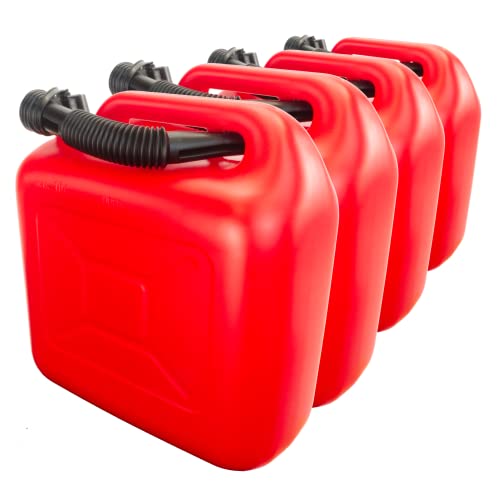 Trevendo Kraftstoffkanister für Benzin und Diesel, Benzinkanister, Reservekanister, Deckel mit Dichtring, Flexibler Ausgießer, AdBlue-beständig, rot (4 Kanister, 10 Liter)