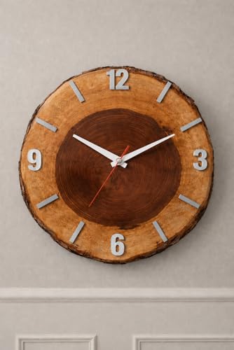 Image of Wall Clock | Handcrafted Sheesham Wooden Wall Clock with Silent Sweep Quartz Movement - Solid Wood Wall Clock for Living Room, Office & Home Decor (Rustic Design) (Silver)