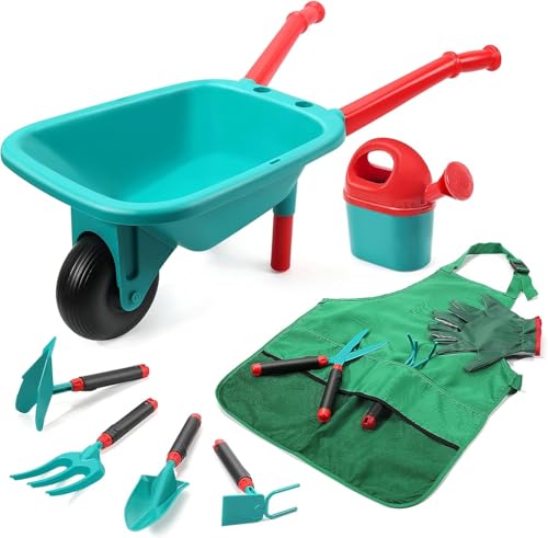 CUTE STONE - Carretilla infantil para niños, juego de herramientas para jardinería, juguetes de jardín con carretilla, guantes, rastrillo de mano, pala, doble azada, juguetes para interior y exterior
