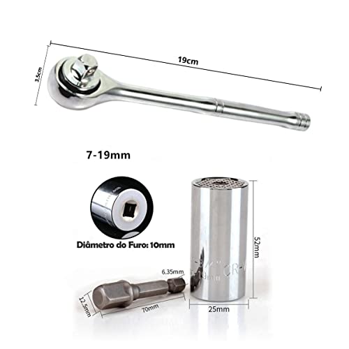 Soquete Universal Com Catraca 7mm Até 19mm Compatível Com Parafusadeira 3/8 Adaptador Pitão Gancho L