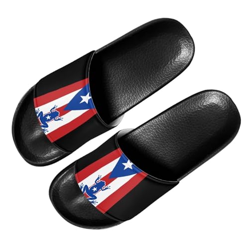 Quxjehoe Mens Puerto Rico Flag Frog Print Slide Slippers Comfortable Lounge Slides Size 5.5 Black Sole