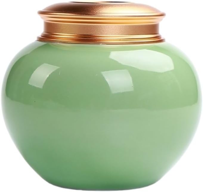 SONGCHAO Sugar Jar Ceramic Bulk Tea Storage Jar Double Layer Metal Cover Celadon Container Household Sealed Tea Canister(A)