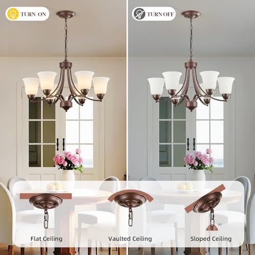 Image of 6 Light Oil Rubbed Bronze Dining Room Light Fixture Farmhouse Modern Chandelier Pendant Light Bronze 47.2''Adjustable Ceiling Hanging Lighting with Frosted Glass for Kitchen Island Living Room Foyer