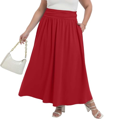 OLRIK Red Skirt Plus Size Pleated Elastic High Waisted Flowy Long Skirt Spring Fashion Wine Red-2X