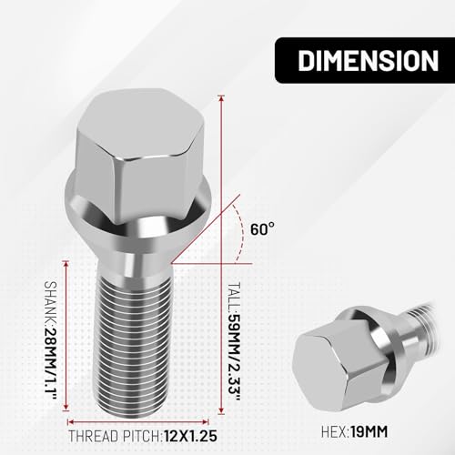 Image of M12x1.25 Stock Wheel Lug Bolts Endxedo 20PCS 28MM Shank 19MM Hex Stock Wheel Studs for 2015-2023 Renegade 2018-2022 Jeep Compass 2012-2016 Dodge Dart Chrysler 200