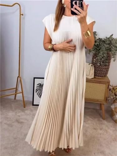 KEOMUD Women Summer Pleated Maxi Dress Casual Short Sleeve Crewneck Flowy Swing Long Dress with Pockets3