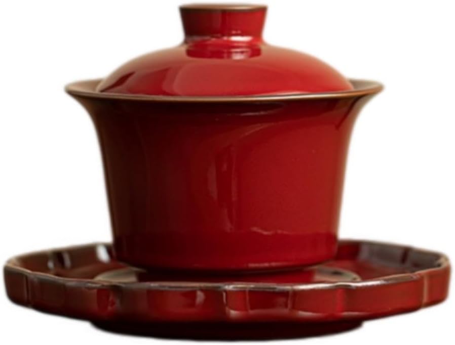 景德镇窑变郎红故宫红三才盖碗陶瓷茶具 Ceramic Kung Fu Tea Set,teapot,Teacups,warming Wedding Birthday Gift,Tea Tray Chinese,Dishwasher Safe 原矿铁-故宫红盖碗（简装）