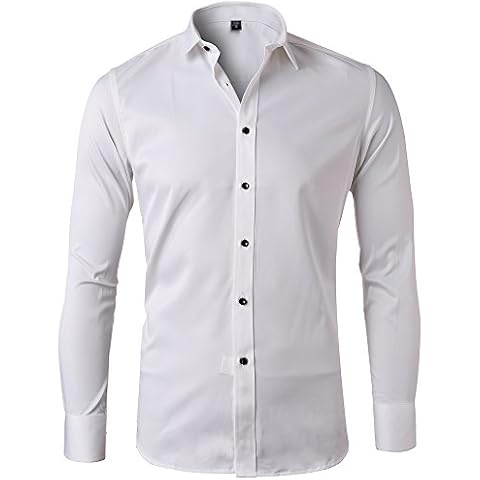 Harrms Men's Dress Shirts Long Sleeve Formal Shirts for Men Bamboo Fiber Slim Fit Solid Casual Button Down Shirts, Elastic,White,M - Neck 16" - Chest 42.5" Cover