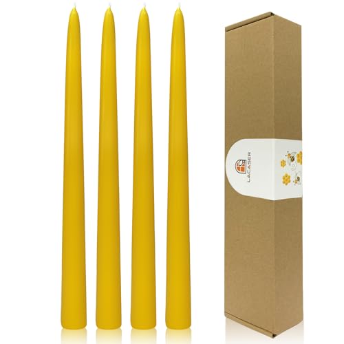 Lacaser 12" Tall Beeswax Taper Candles - Long Burning, Dripless & Smokeless, Unscented, 4 Pack