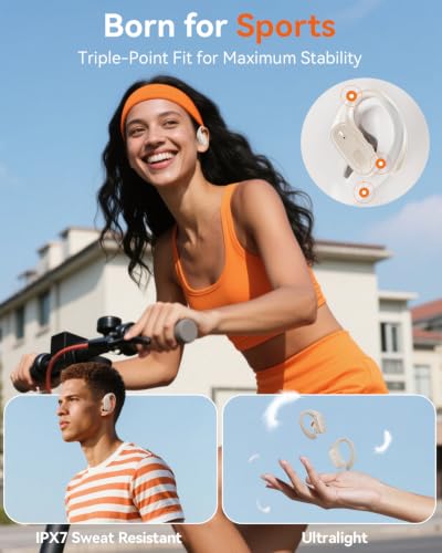 Image of LEEMC Wireless Earbuds, Sports Bluetooth Headphones, Ear Buds with ENC Noise Canceling Mic, 50Hr Playtime Earphones, Palm-Sized, LED Power Display, IPX7 Waterproof Headset for Workout Running, Beige