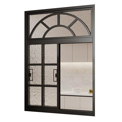 HJLKDYM Awning Window with Door Handrail, Windowpane Arched Wall Like Frame, Metal Frame Windows with Tempered Glass for Cake Shop Coffee Shop Flower Shop(Black-B,50x80cm)