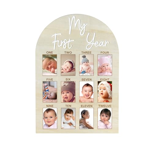 Wartter My First Year Arch Photo Frame Natural Wooden Monthly Milestone Photo Board for Baby Birthday Party Decorations (17x11.8in)