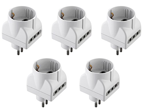 Electraline - Set de 5 Adaptadores Triple: 1 Salida para schuko + 2 para Enchufe pequeño de 10 A, Blanco, 92295