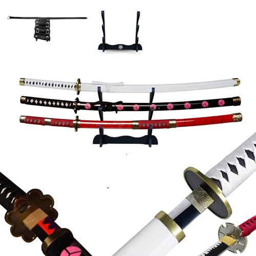 Hashiman Roronoa Zoro Shusui Wado Kitetsu Triple Katana One Piece - Tres réplicas de manga sable + soporte de espada de madera + triple cinturón