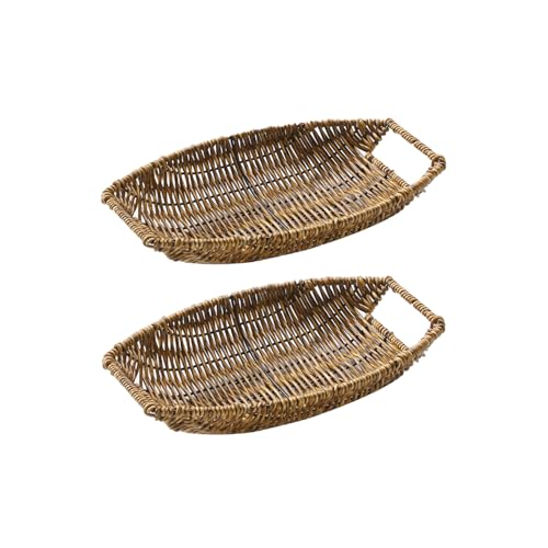 WuJiLiving 2 Pack Handcrafted Poly-Wicker Oval Bread Baskets with Handles, Natural Appearance Serving Trays for Bread, Fruit, Snacks & Daily Storage, 24×17×6 cm (Brown)