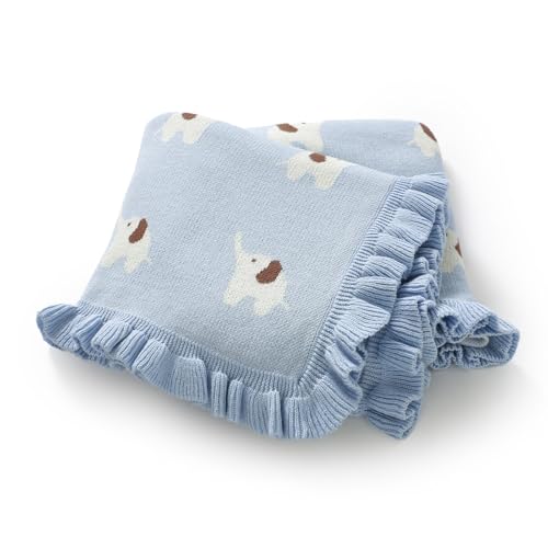 Image of mimixiong Cotton Baby Blanket Soft Knit Ruffle Blankets Cartoon Elephant for Newborn Boys and Girls (Light blue)