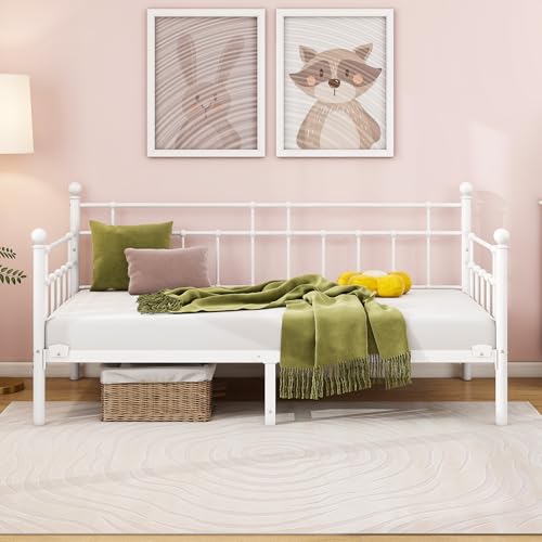 HOMERECOMMEND Tagesbett Bettgestell 90x200 cm,Metallbett Schlafsofa Bett 90x200 cm mit Stauraum unter dem Bett Bettrahmen Jugendbett,Tagesbett Bettrahmen für Schlafzimmer Wohnzimmer,Weiß