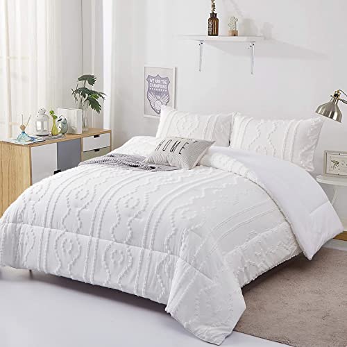 Luxudecor White Tufted Comforter Set King Size Boho Textured Comforter Shabby Chic Embroidery Bedding Set 3 Pieces Ultra Soft Comforter For All Seasons (White, 104''X90'') #TOP1