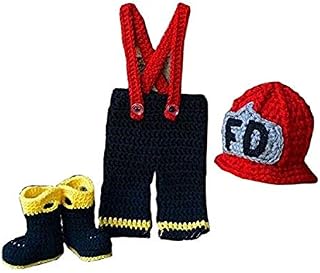 Newborn Baby Girl/Boy Crochet Knit Costume Photography Prop Hats and Outfits (Little Fireman)