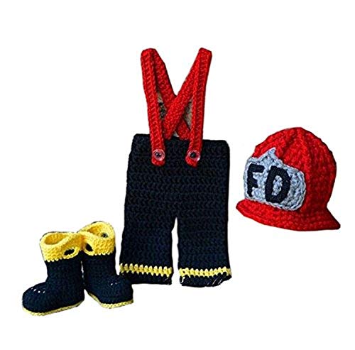 Newborn Baby Girl/Boy Crochet Knit Costume Photography Prop Hats and Outfits (Little Fireman)