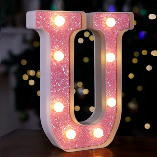 Image of LED Letter Lights Pink Glitter Marquee Letters Light Up Alphabet Letters Sign Battery Powered for Home Party Decoration Night Bar Wedding Birthday Christmas Lamp Girls Gift - Letter U