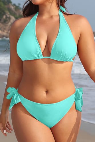 Image of Women Plus Size Bikini Set Two Piece Sexy Swimsuit Tie Side Halter Bathing Suits