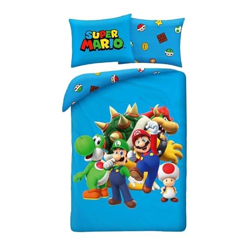 Super Mario con Luigi Toad Bowser y Yoshi - Juego de cama funda nórdica 140 x 200 cm + funda de almohada 70 x 90 cm - Reversible - 100% Poliéster - Azul