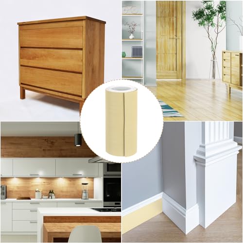 Image of uxcell 1 Roll Wood Grain Tape, 5.91 inch x33 Ft Realistic Textured Repair Tape Self Adhesive Wood Textured Patch with Tool for Floor Wall Door Table Cabinets Furniture Home Decor(Light Yellow)