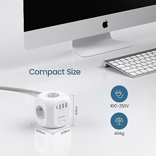 LENCENT Cube Listwa zasilająca 3M z 4 gniazdami sieciowymi, 3 USB i 1 typem C, przedłużacz elektryczny ochrona przeciwprzepięciowa dla rodziny, kuchni i biura