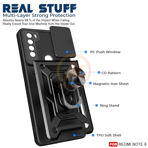 Image of Armor Bumper Back Cover Case for Redmi Note 8 Rotating Camera Cover, Ring Holder & Kickstand | Heavy Duty & 360 Degree Protection Redmi Note 8 Back Cover (Black)