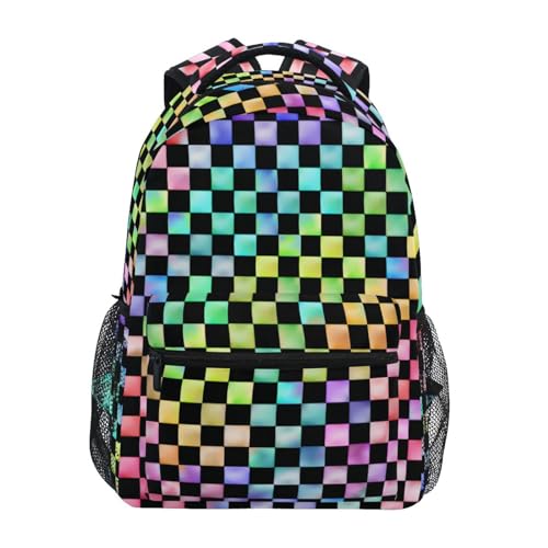 ALAZA Rainbow Checkered Checker Backpack Purse with Multiple Pockets Name Card Personalized Travel Laptop Book Bag, Size M/16.9 inch